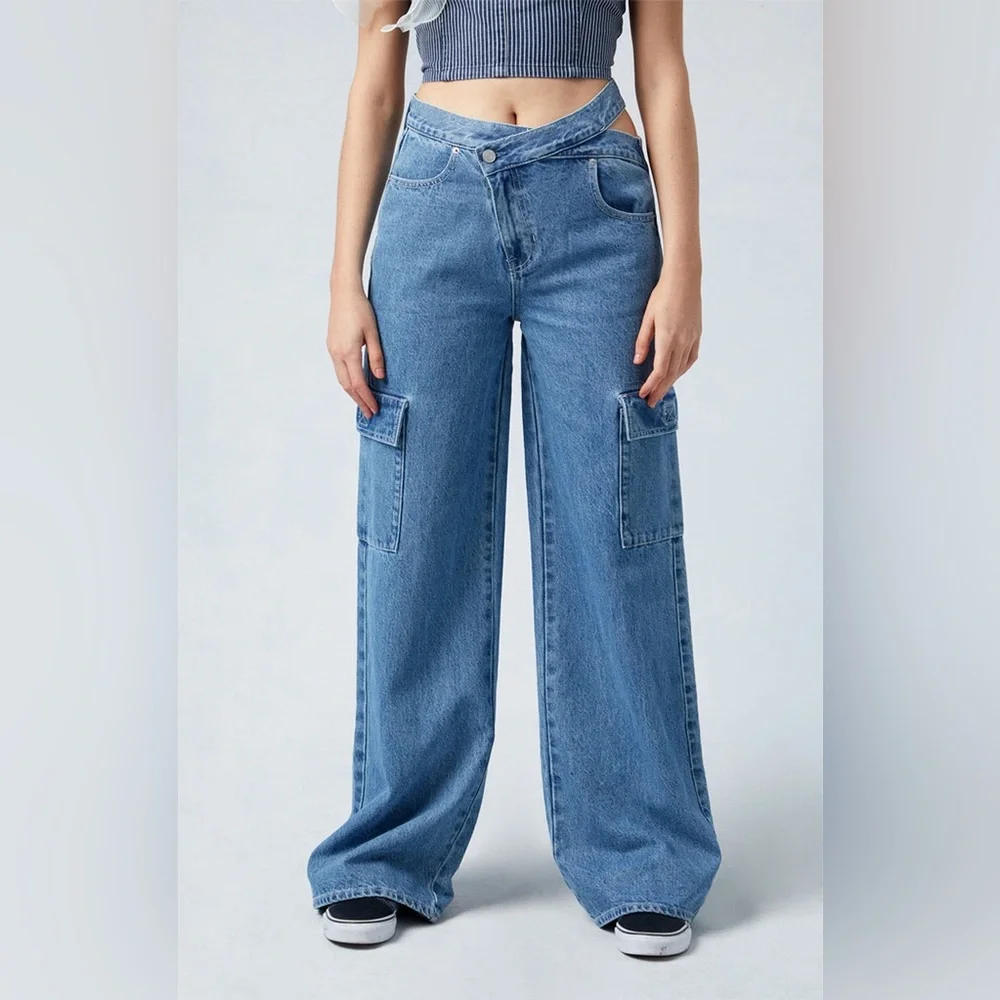 Pacsun Eco Medium Indigo Asymmetrical Mid Rise Baggy Cargo Size 25